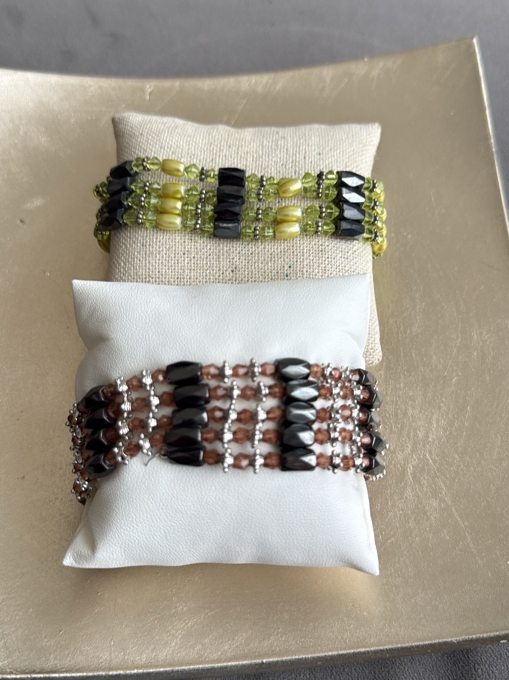 Set of Two Hematite Beaded Bracelets Green Brown Magnetic